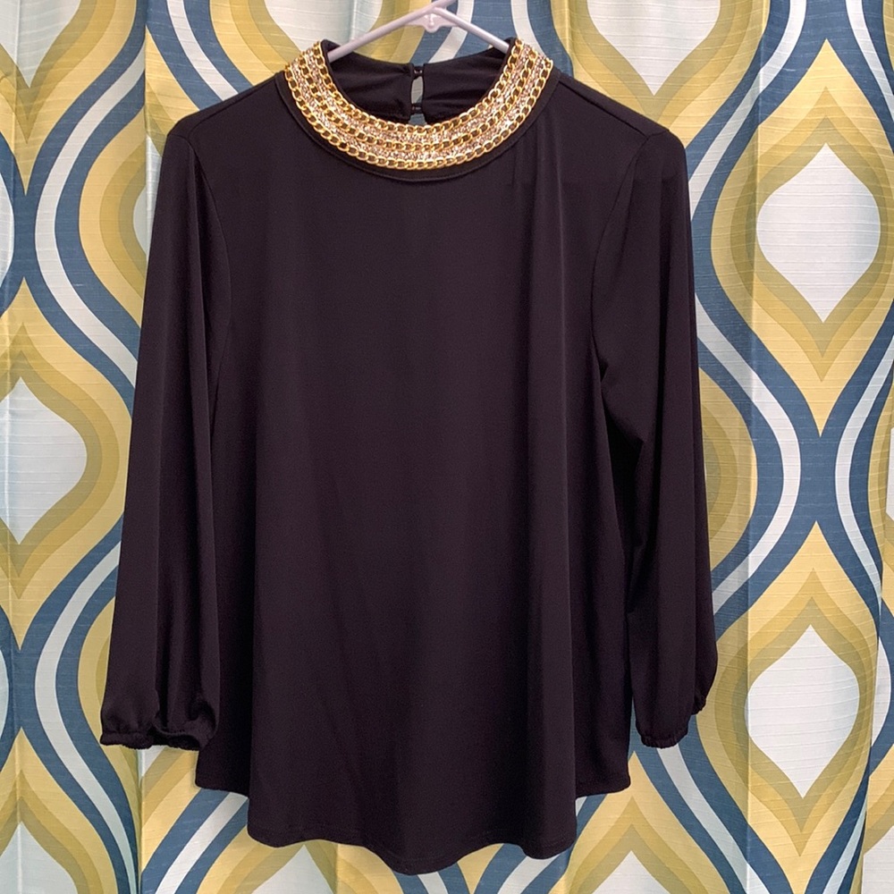 Moa Moa woman’s size large black long sleeve top, embellished neck elastic wrist